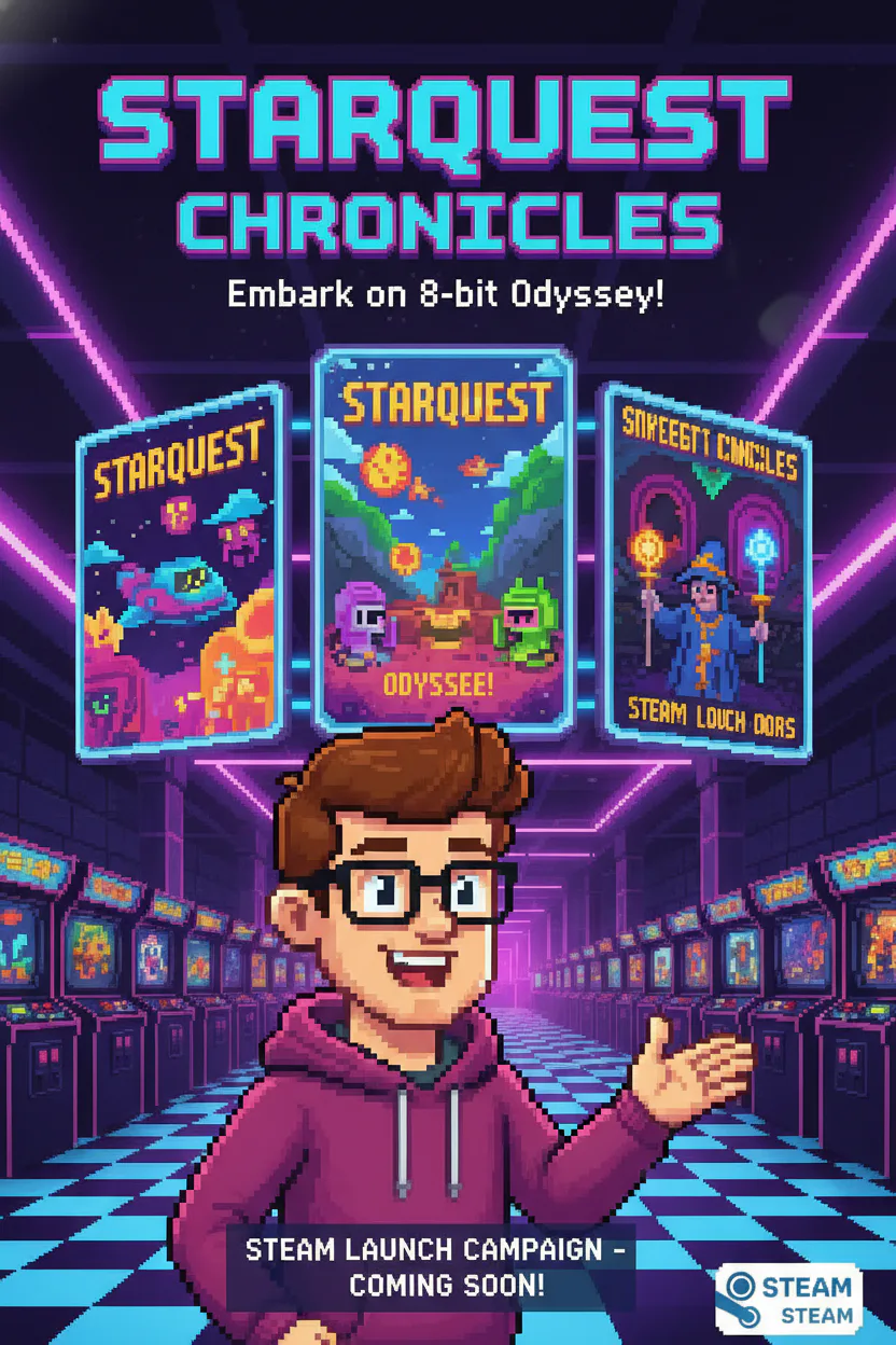 Indie game marketing with retro pixel posters